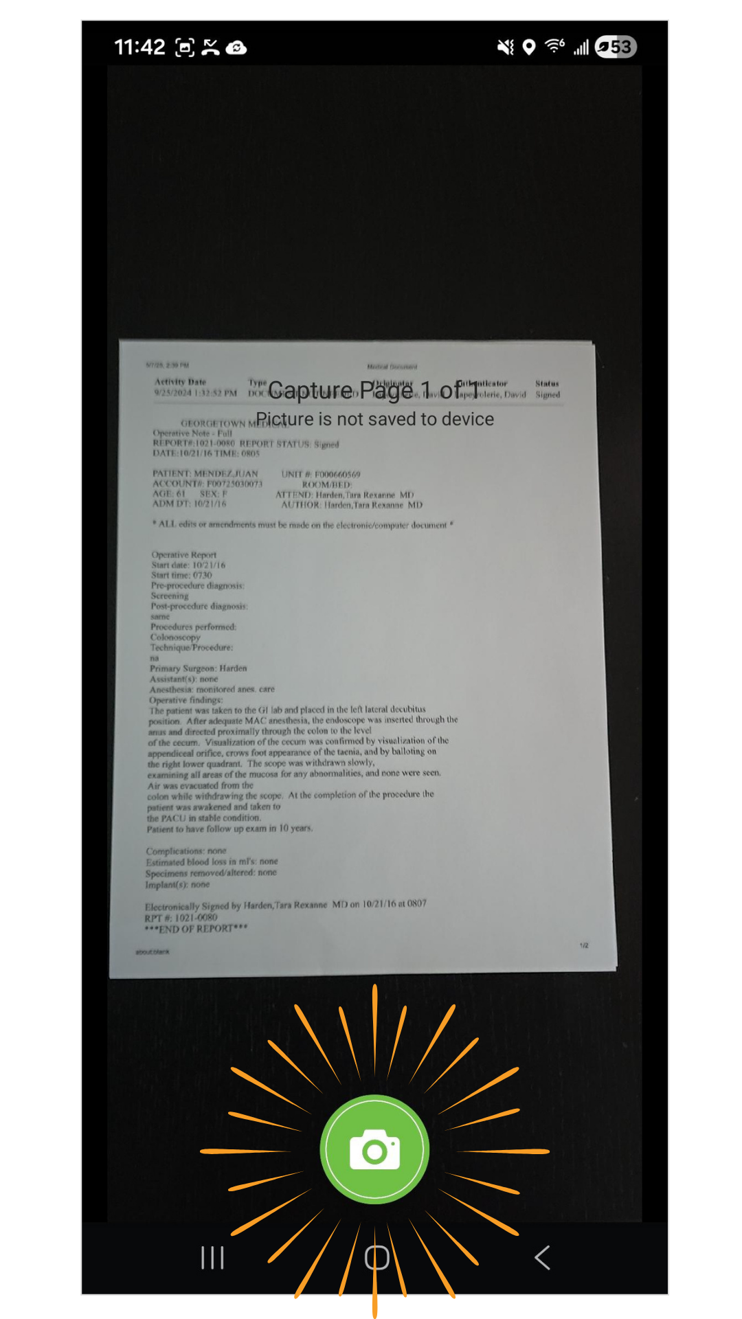 Phone view of snapping a face sheet with MediCapture